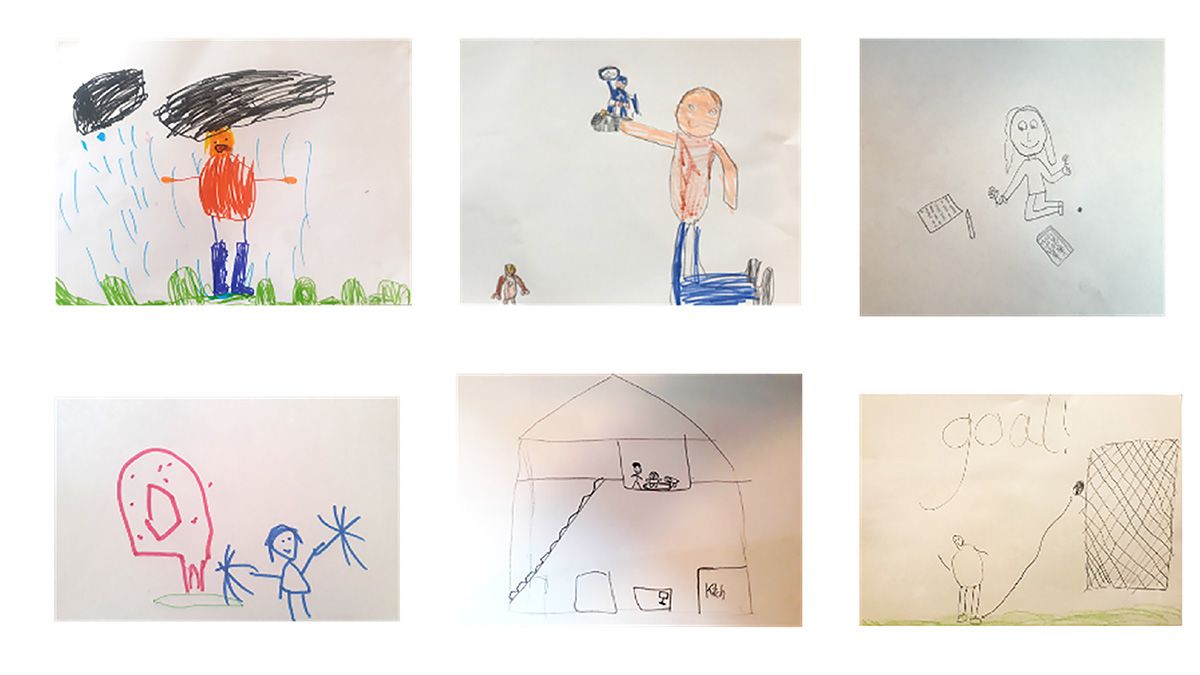 Drawings by the children showing how they were playing in lockdown.