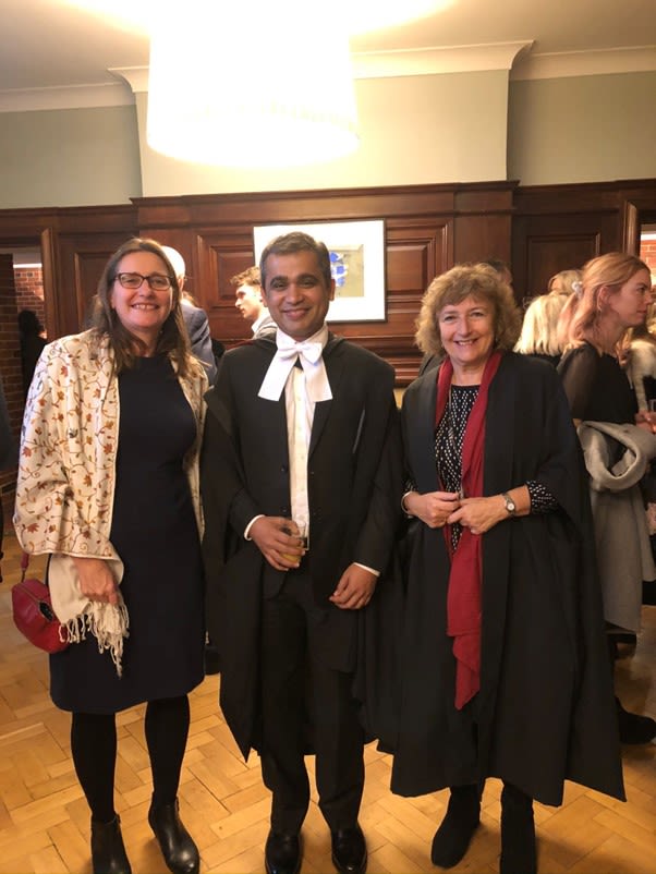 Professors Pauline Rose and Madeleine Arnot with Arif at his doctoral graduation ceremony in Cambridge.